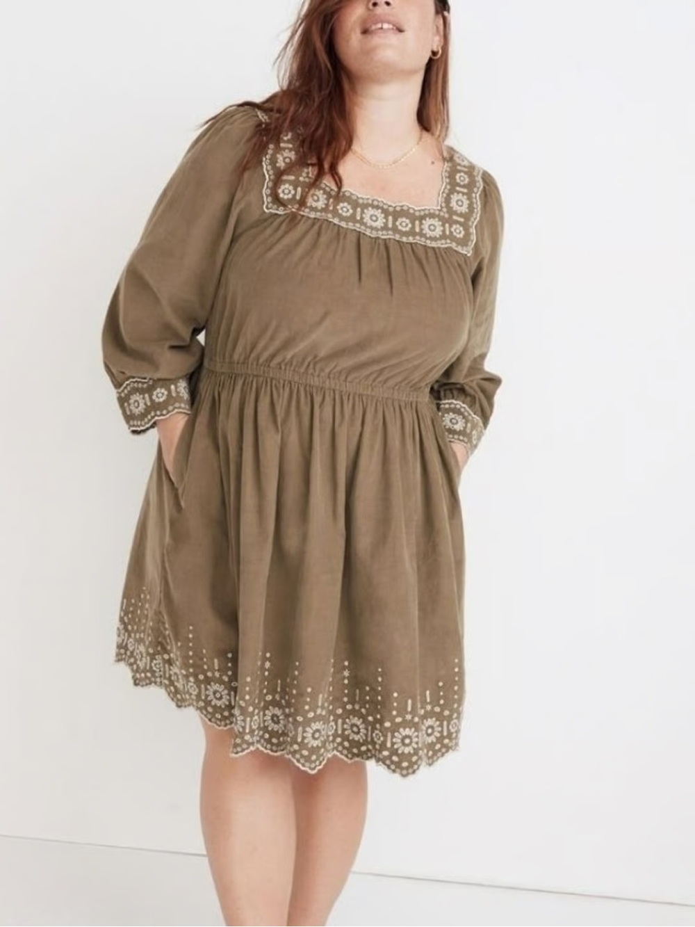 Madewell Embroidered Square-Neck Corduroy Dress